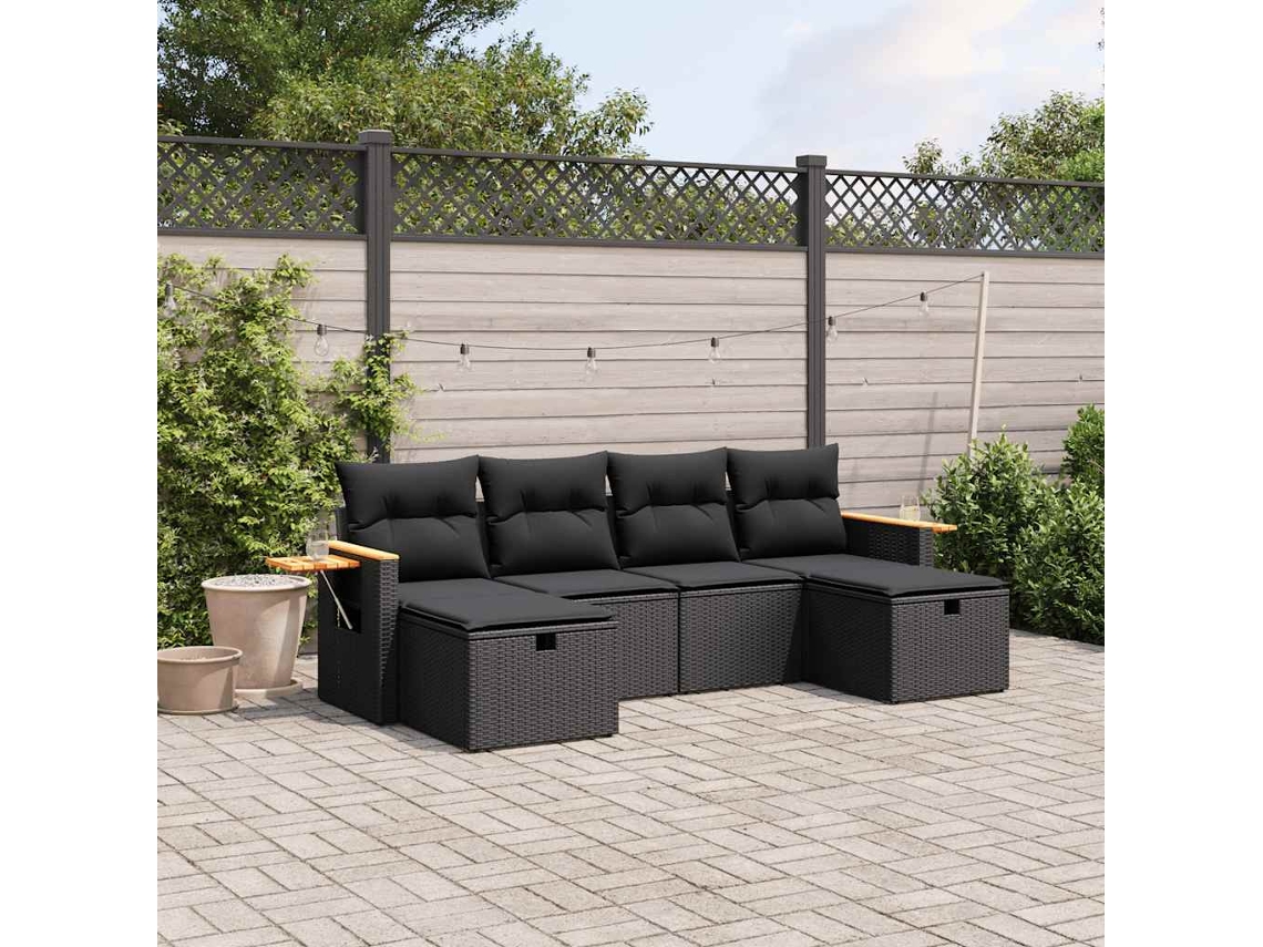 Vidaxl 6 Pcs Conjunto Sofás De Jardim C/ Almofadões Vime Pe Preto