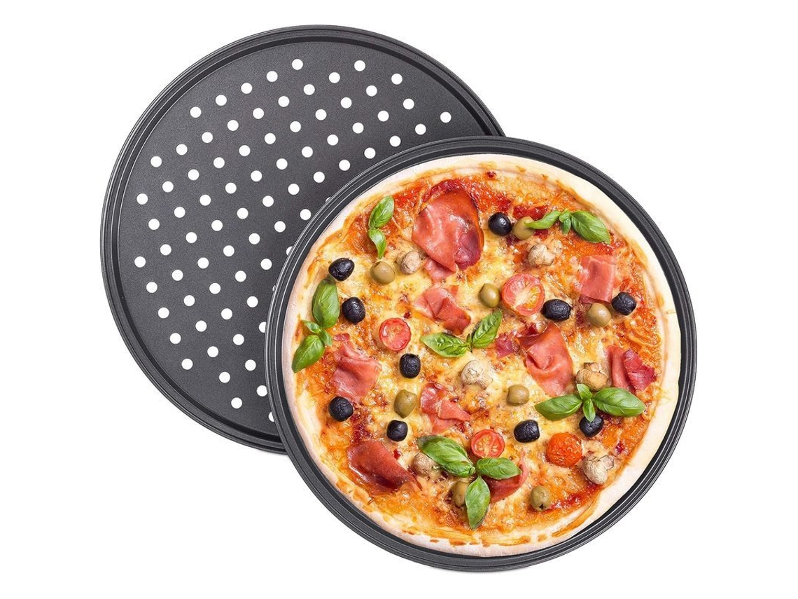 Conjunto de 2 formas redondas antiaderentes perfuradas para pizza Rebe, em aço carbono, cinza, Ø 32 cm