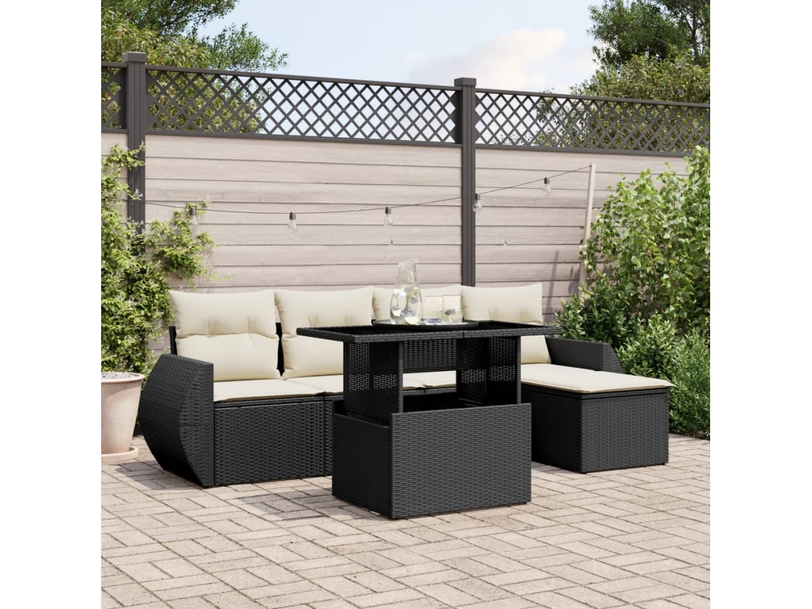 Vidaxl 6 Pcs Conjunto Sofás De Jardim C/ Almofadões Vime Pe Preto