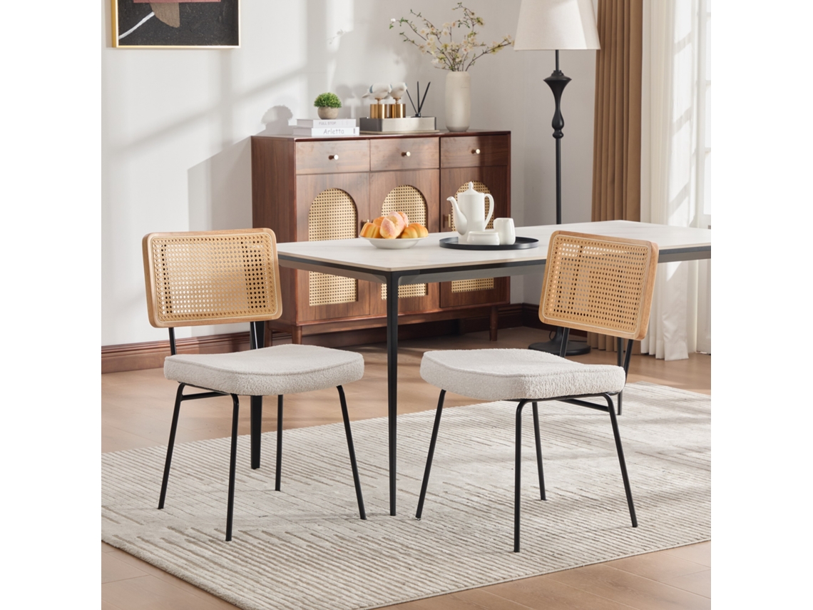 Conjunto 2 Cadeiras Jantar, Chenile, Sem Braços, Madeira Maciça, Estilo Rattan, Pés Metálicos Ajustáveis, Marfim.