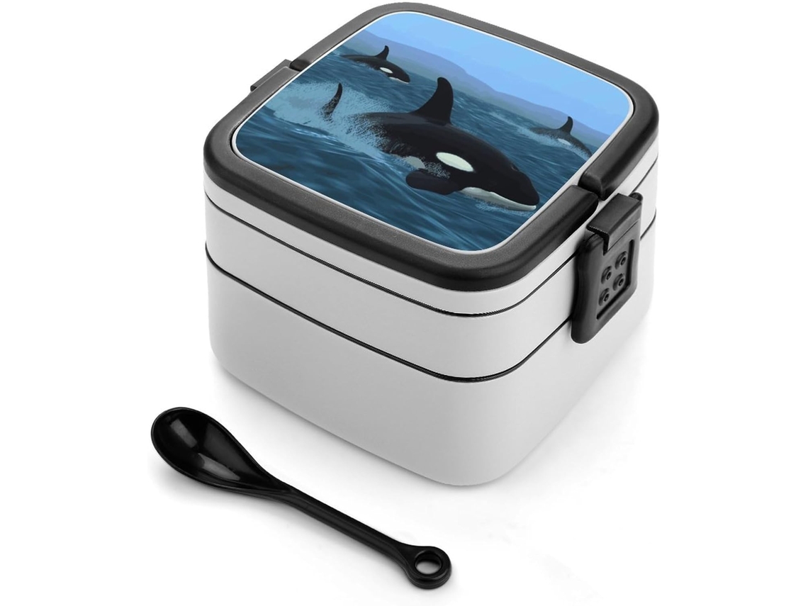 Lancheira Para Adultos Com Colher, Estampa De Orca, Estilo Bento, Com Colher, Fofa Lancheira De Dois Andares, Empilhável