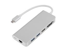 Hub Usb 3.0 Multifuncional 6 Em 1 Tipo C Para Conversor Hdmi Vga Rj45 Lan Gigabit Prata