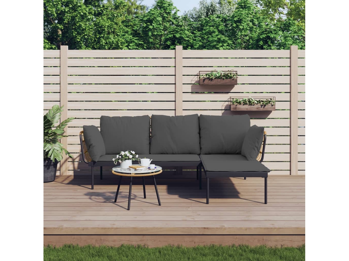 Vidaxl 3pcs Conjunto Lounge Jardim C/ Almofadões Cinza-escuros Vime Pe