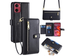 Capa De Couro Com Bolso E Zíper Para Motorola Moto G05 4g Com 2 Alças, Preta