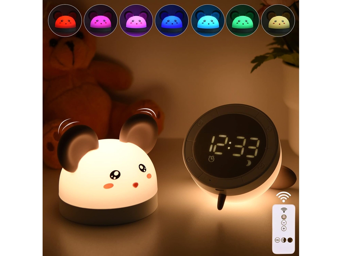 Luz noturna para crianças 3 em 1 relógio com alarme e luz LED 7 núcleos portátil com silicone controle de brilho ajustável com controle remoto USB recarregável