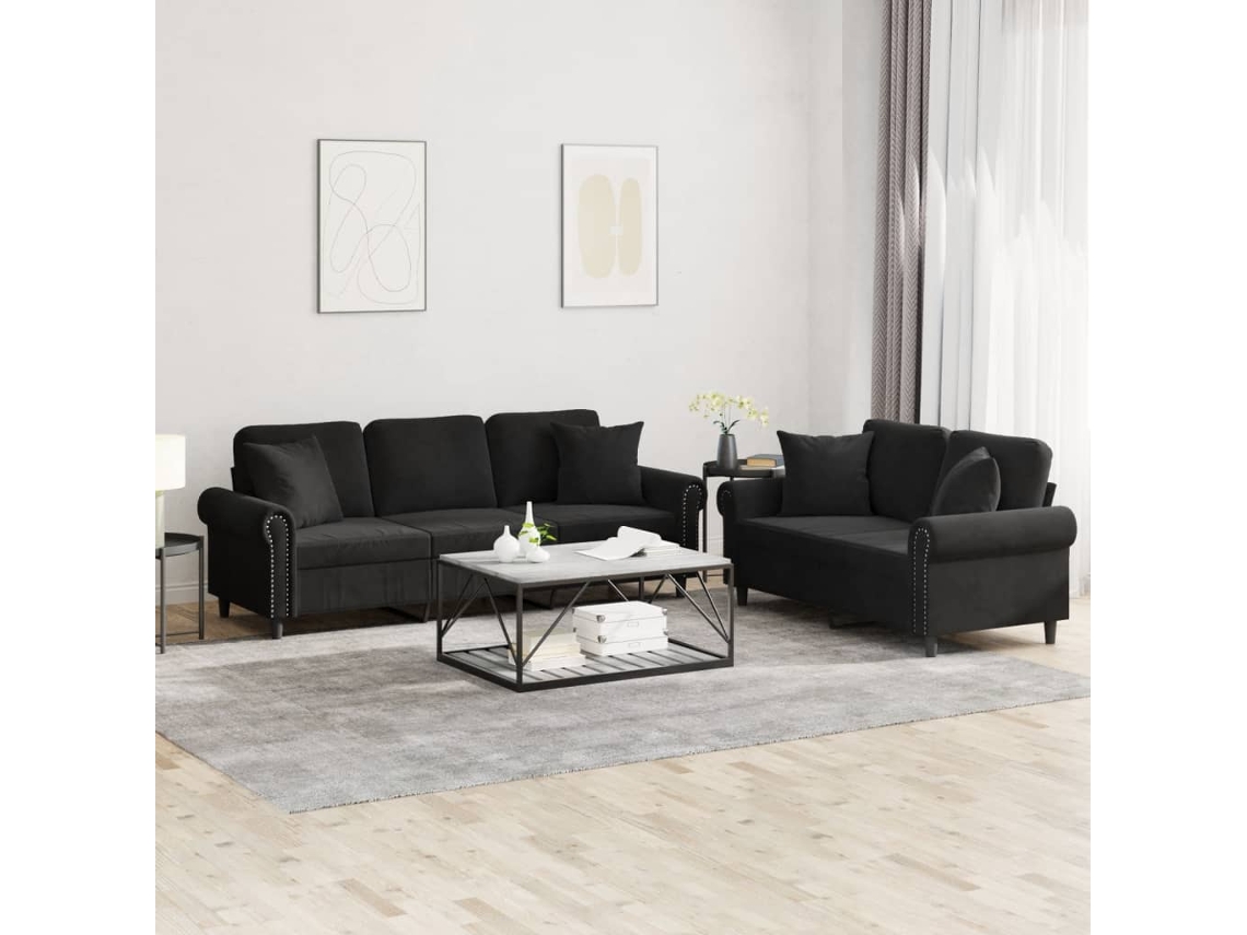 Conjunto 2 Pcs de Sofás com Almofadas Veludo Preto PANGSHIYUAN