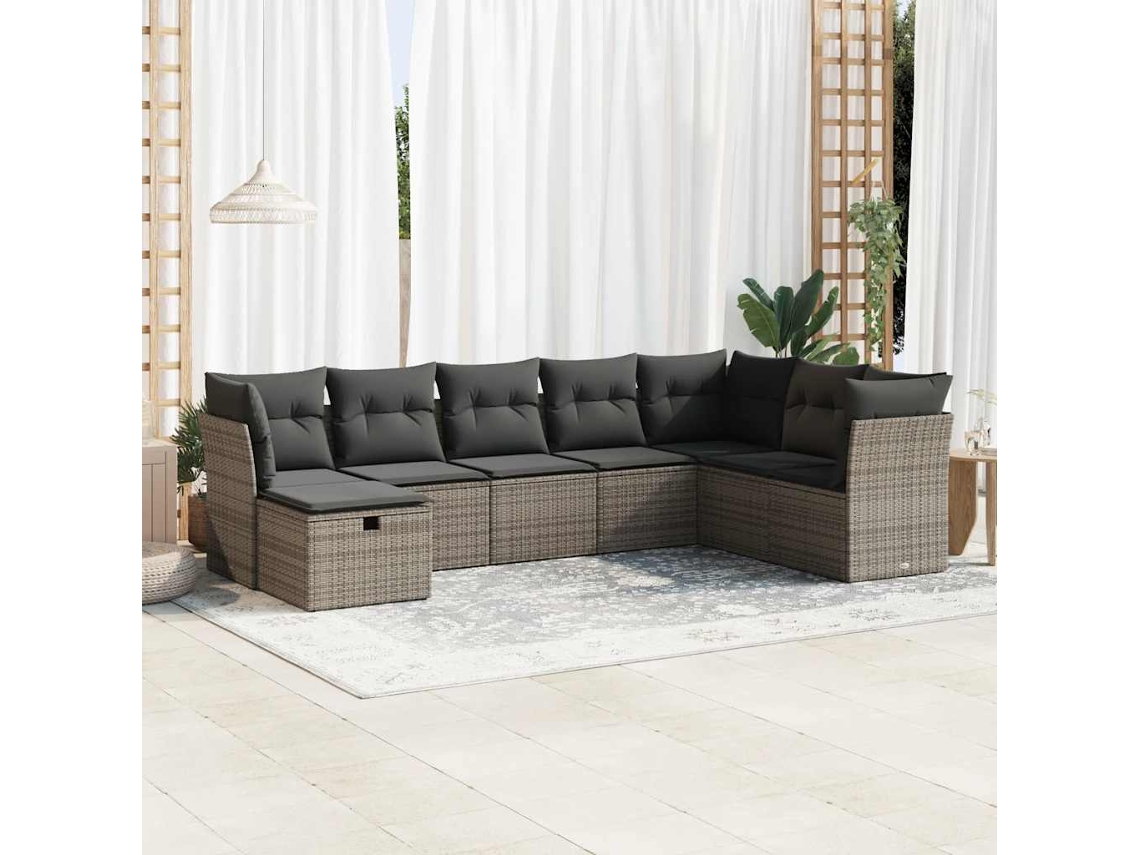 Vidaxl 8 Pcs Conjunto Sofás De Jardim C/ Almofadões Vime Pe Cinzento