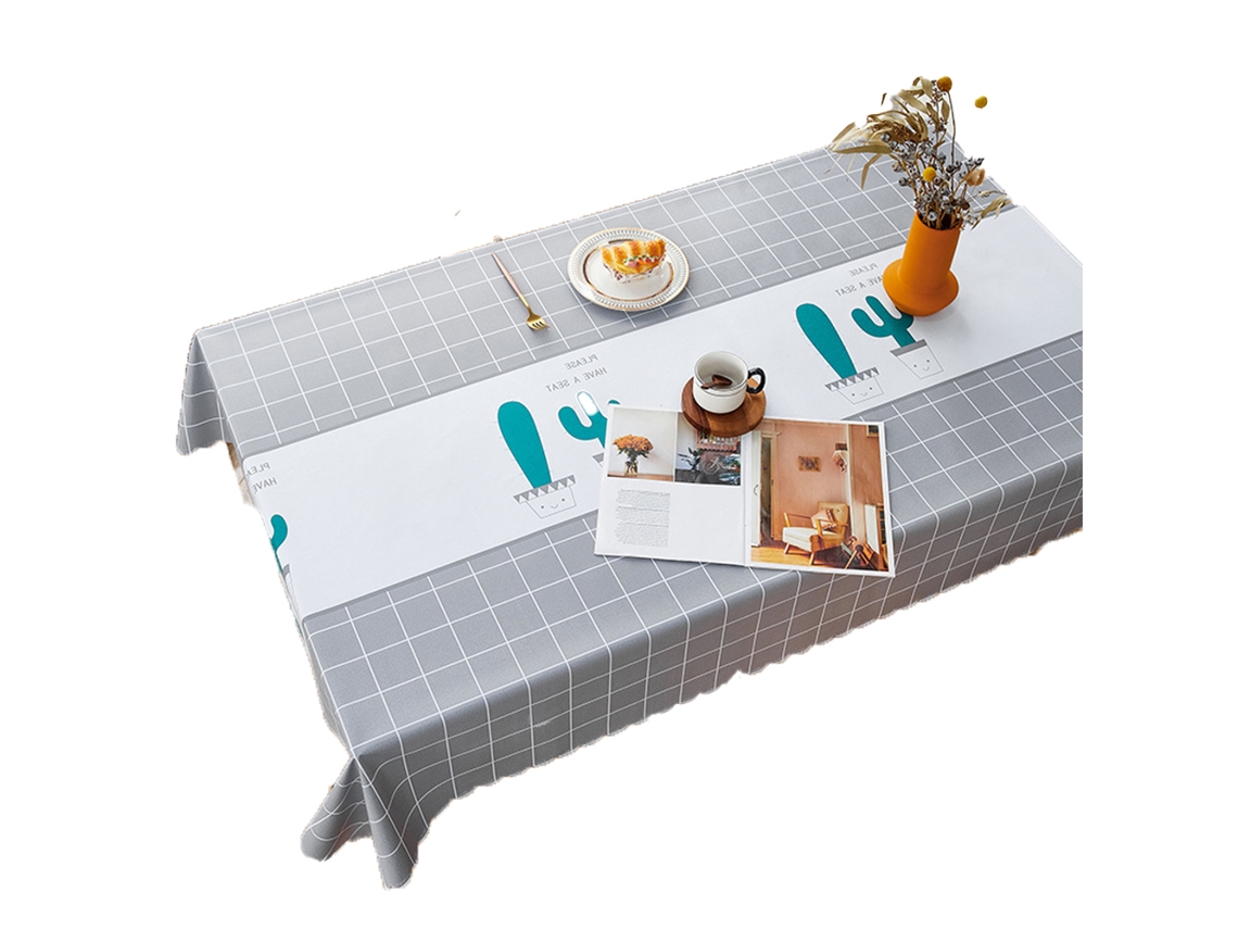 Toalha de Mesa Retangular de Linho de Algodão À Prova de Vinco Toalha de Mesa com Franjas Grade Cinza Cacto/Borda de Flor 80*120 Cm