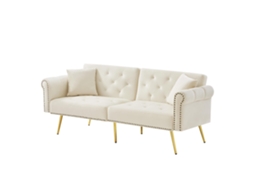 Sofá camas Moderno de 2 Lugares em Veludo com Encosto Ajustável em 3 Níveis e Pés de Metal Dourado, Ideal para Espaços Pequenos. ORBITRA COMMERCE