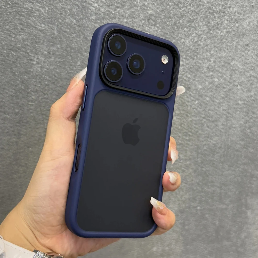 (azul Iphone 17) Capa Transparente Fosca Com Botão De Metal Para Iphone Com Moldura Transparente.