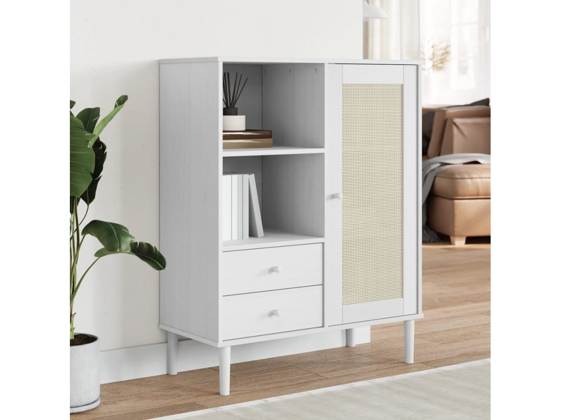 Vidaxl Móvel Alto Senja Aspeto Vime 90x40x112 Cm Pinho Maciço Branco