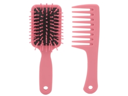 Conjunto de 2 escovas de cabelo 2026, modelo raquete com dentes largos e função de massagem no couro cabeludo, portátil, para uso em cabelos secos e molhados, cor rosa.