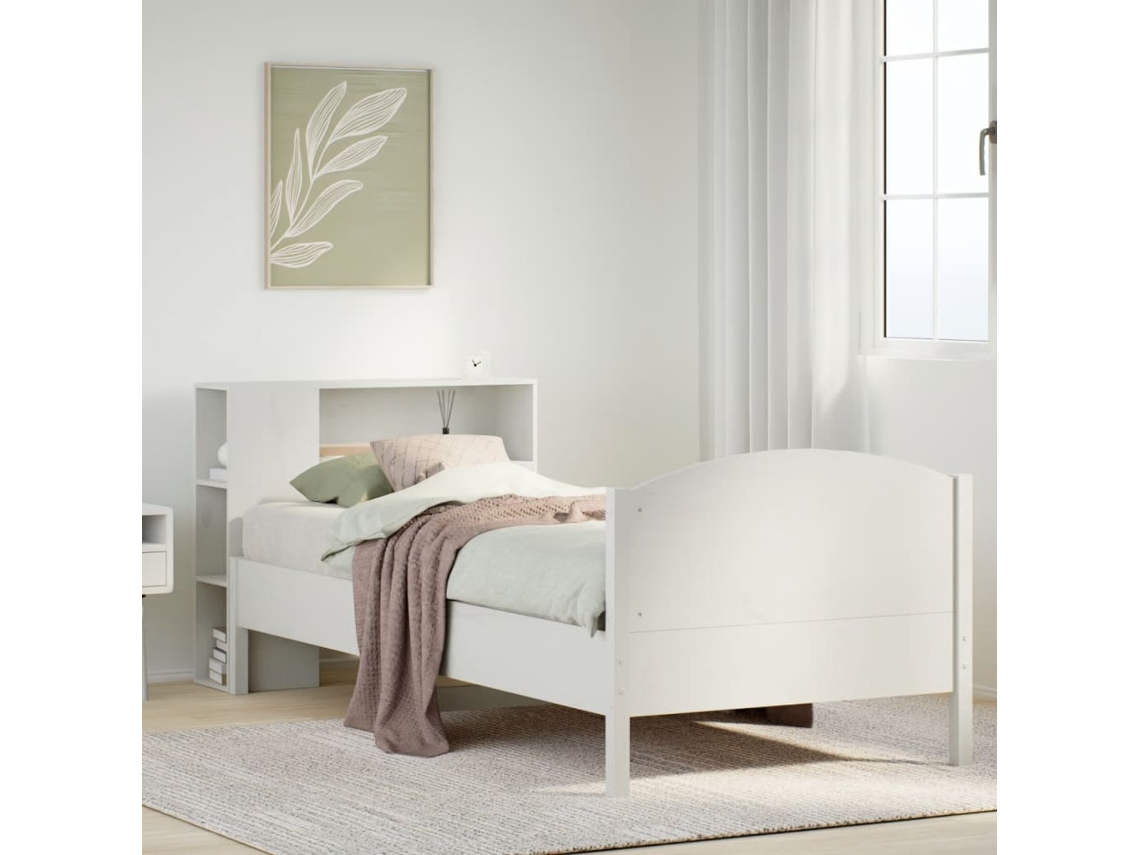 Cama Com Estante Sem Colchão 100x200 Cm Pinho Maciço Branco