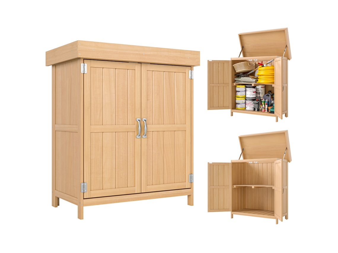 Cabana de madeira para jardim com 2 portas, armário externo para ferramentas com teto abrível 74x43x88cm BTFORUS