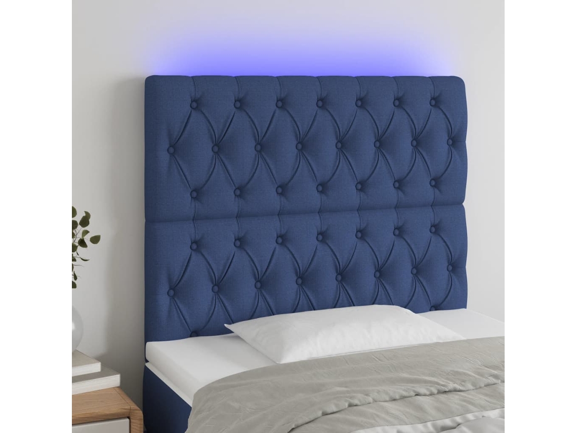 Vidaxl Cabeceira De Cama C/ Luzes Led Tecido 100x7x118/128 Cm Azul