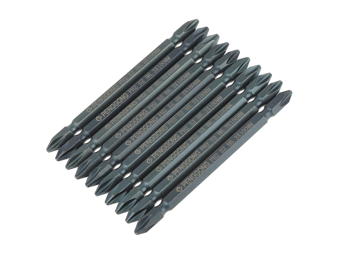 Conjunto 10 Bits Parafusadeira S2 Aço Cruzado Bica Dupla 1/4 Polegada 100mm Ph2