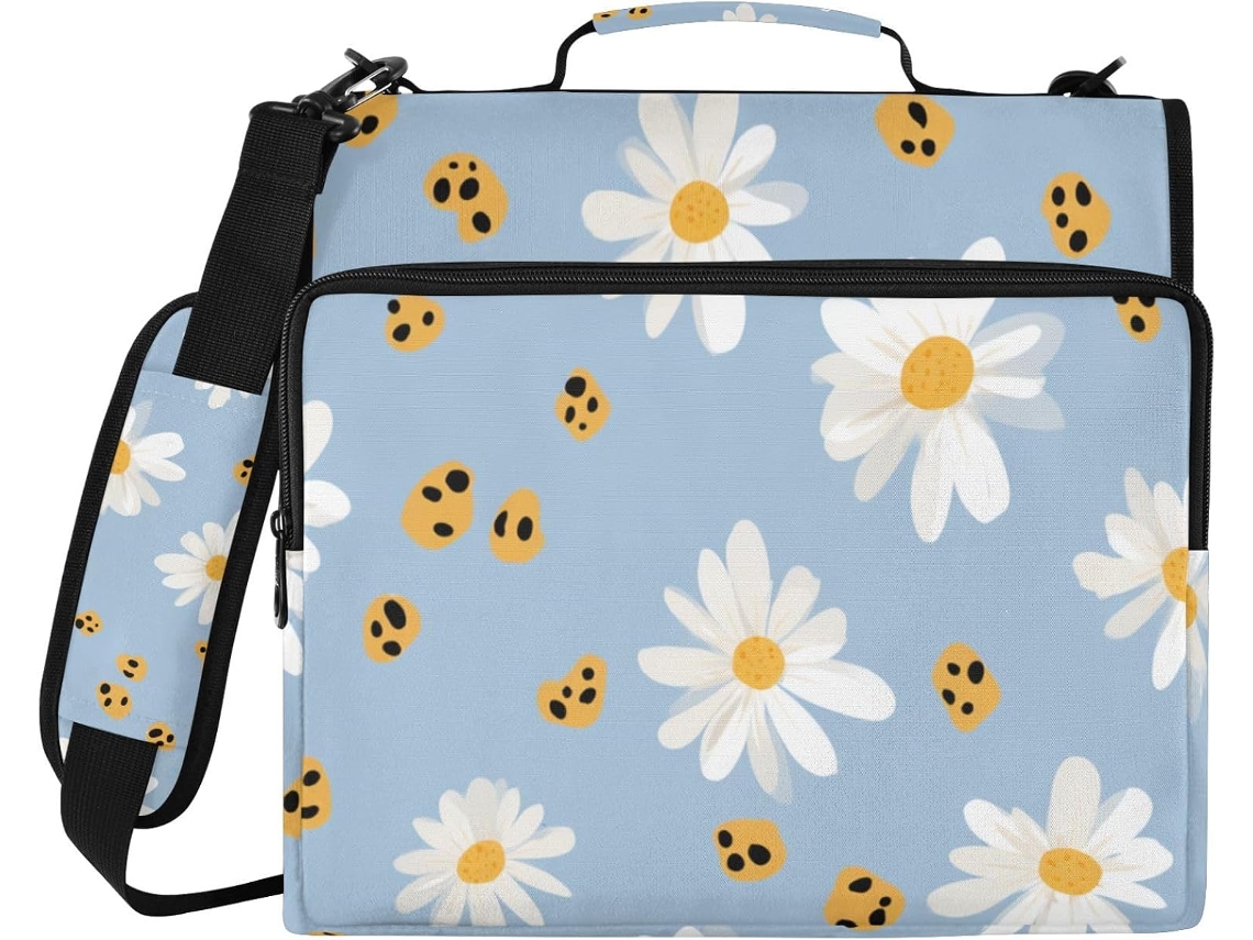 Organizador de Fichário com 3 Argolas, Alça Ombro e Estampa Margaridas, Padrão Leopardo 3,8 Cm 34,5 X 31,5 8,9