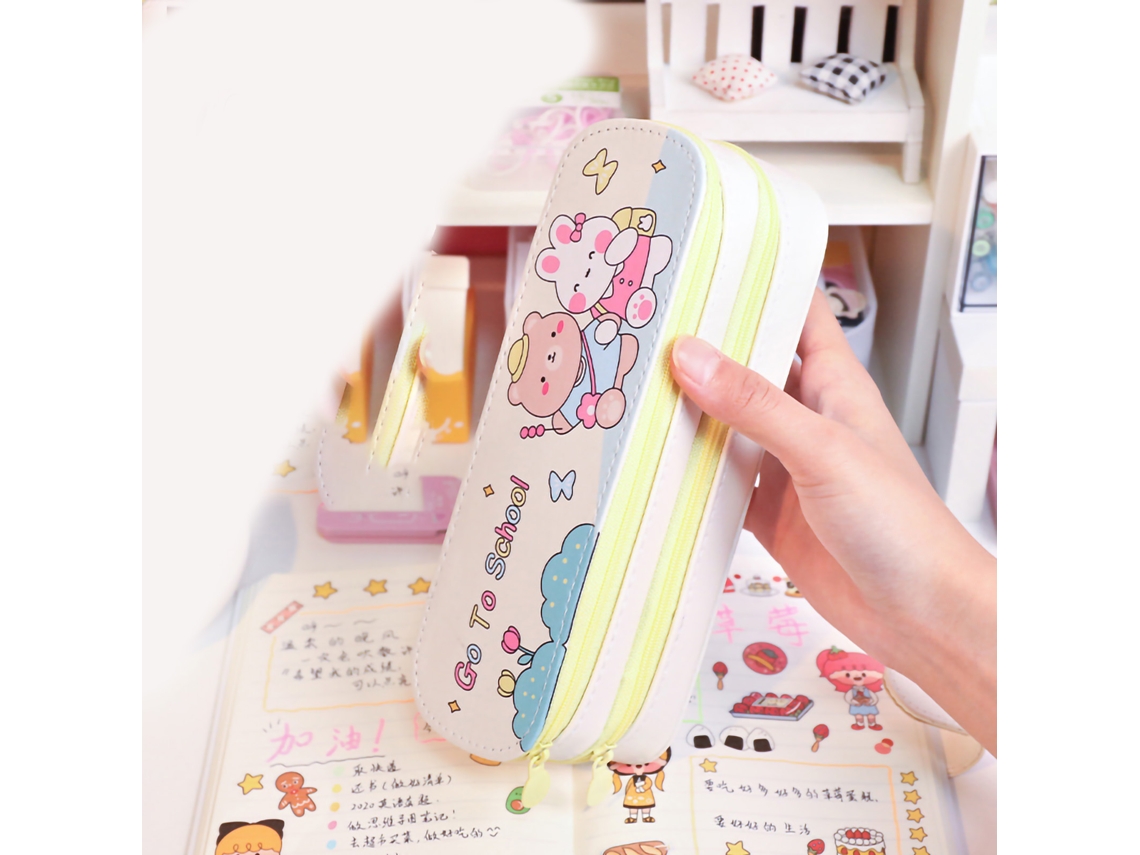 Bolsa De Lápices De Doble Capa Com Grande Capacidade Estilo Simples Impermeável Para Meninas Yellow Grass Bear Bunny