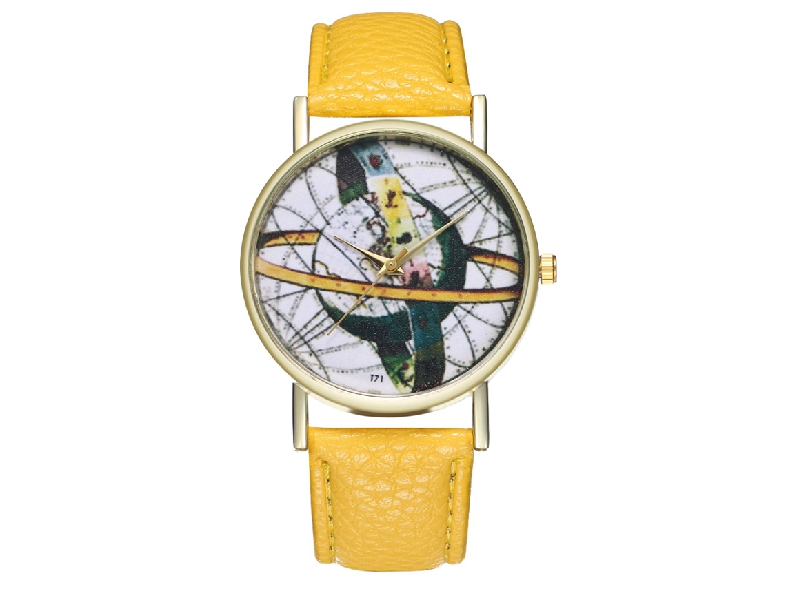 Relógio de quartzo unissex Zhoulianfa para casais, com pulseira de couro PU e mostrador redondo amarelo.