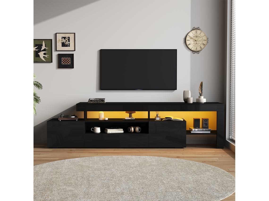 Móvel De Tv Com Led E 3 Portas Para Televisores Até 85 Polegadas Alto Brilho Preto 192x37x53 Cm