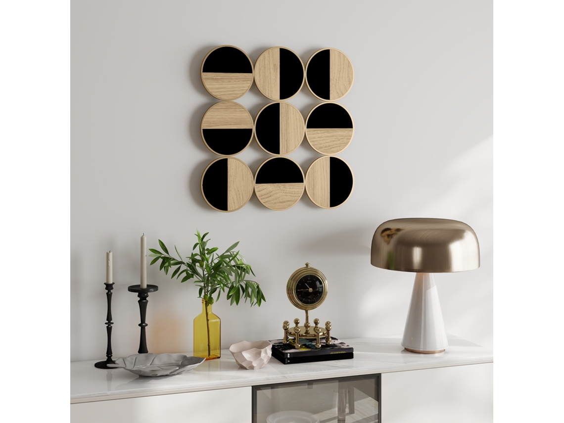 Decoração de Parede em Metal, Escultura de Parede em Metal, Design Exclusivo com Vários Discos, 60 X 60 Cm, nas Cores Natural e Preta. CHEZMOI