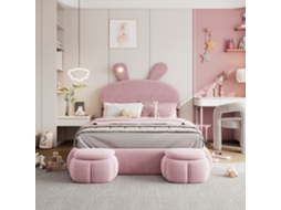 Cama Infantil 140x200 Cm Estofada Em Veludo - Orelhas De Coelho Com Led Ajustável - Com 2 Bancos De Arrumação - Rosa