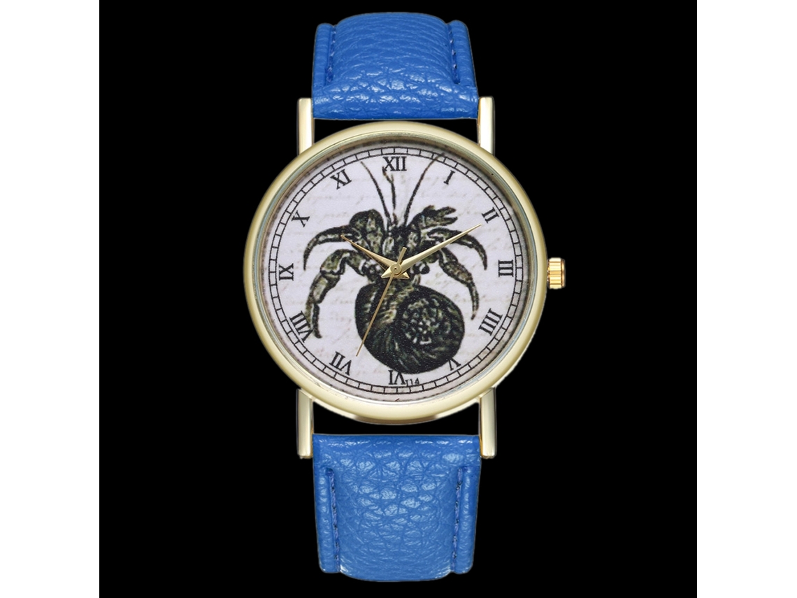 Relógio feminino de quartzo com pulseira de couro sintético, mostrador redondo grande, azul royal.