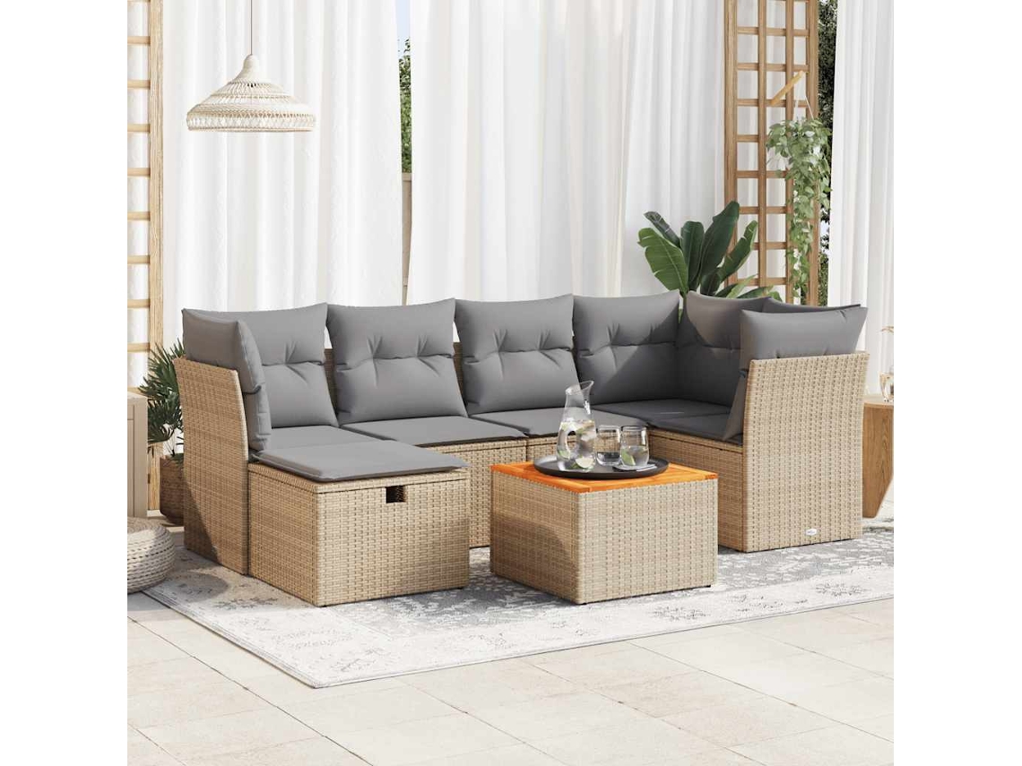 Vidaxl 7 Pcs Conjunto De Sofás P/ Jardim Com Almofadões Vime Pe Bege