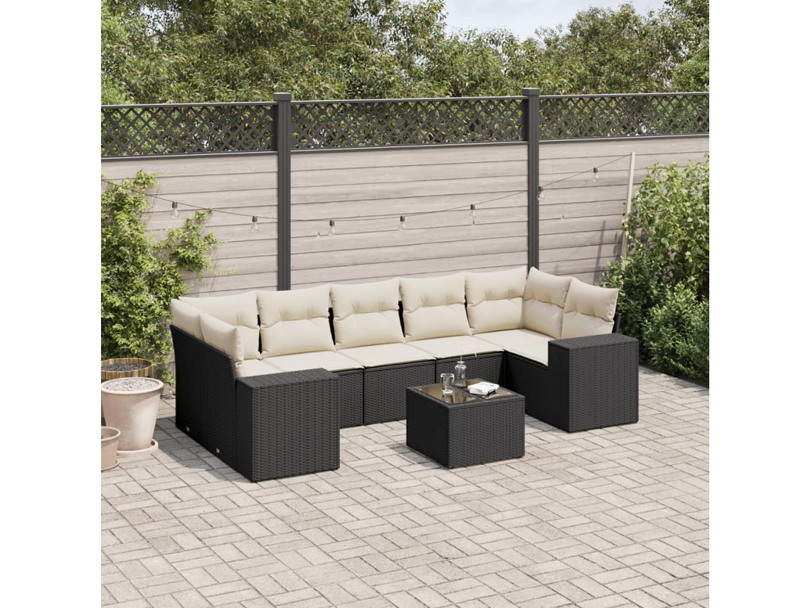 Vidaxl 8 Pcs Conjunto Sofás De Jardim Com Almofadões Vime Pe Preto