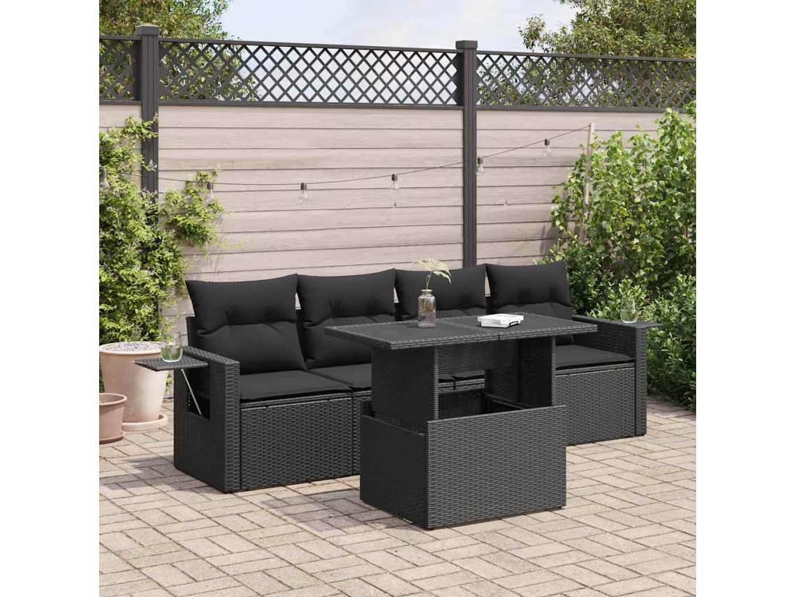 Vidaxl 5 Pcs Conjunto Sofás de Jardim com Almofadões Vime Pe Preto