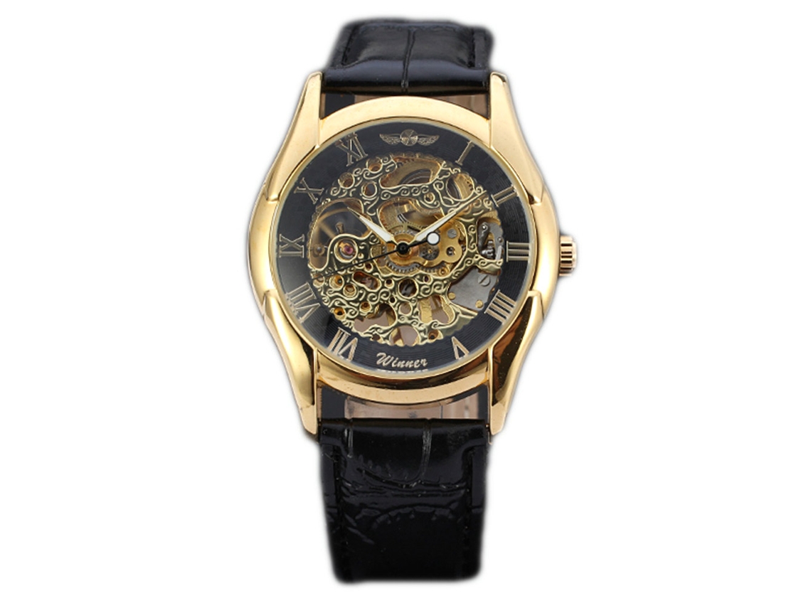 Relógio masculino de negócios com mostrador vazado e pulseira de PU dourada.
