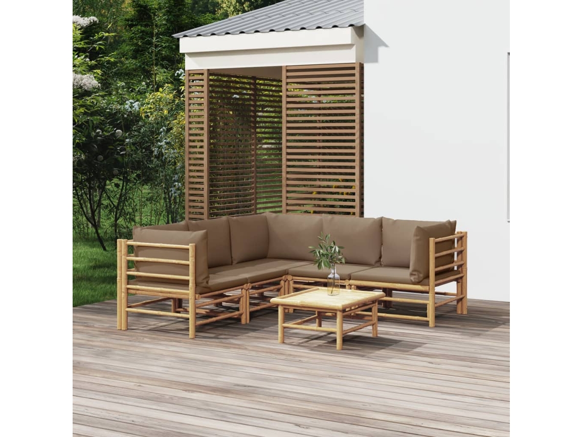 Vidaxl 6 Pcs Conj. Lounge Jardim Bambu Almofadões Cinzento-acastanhado