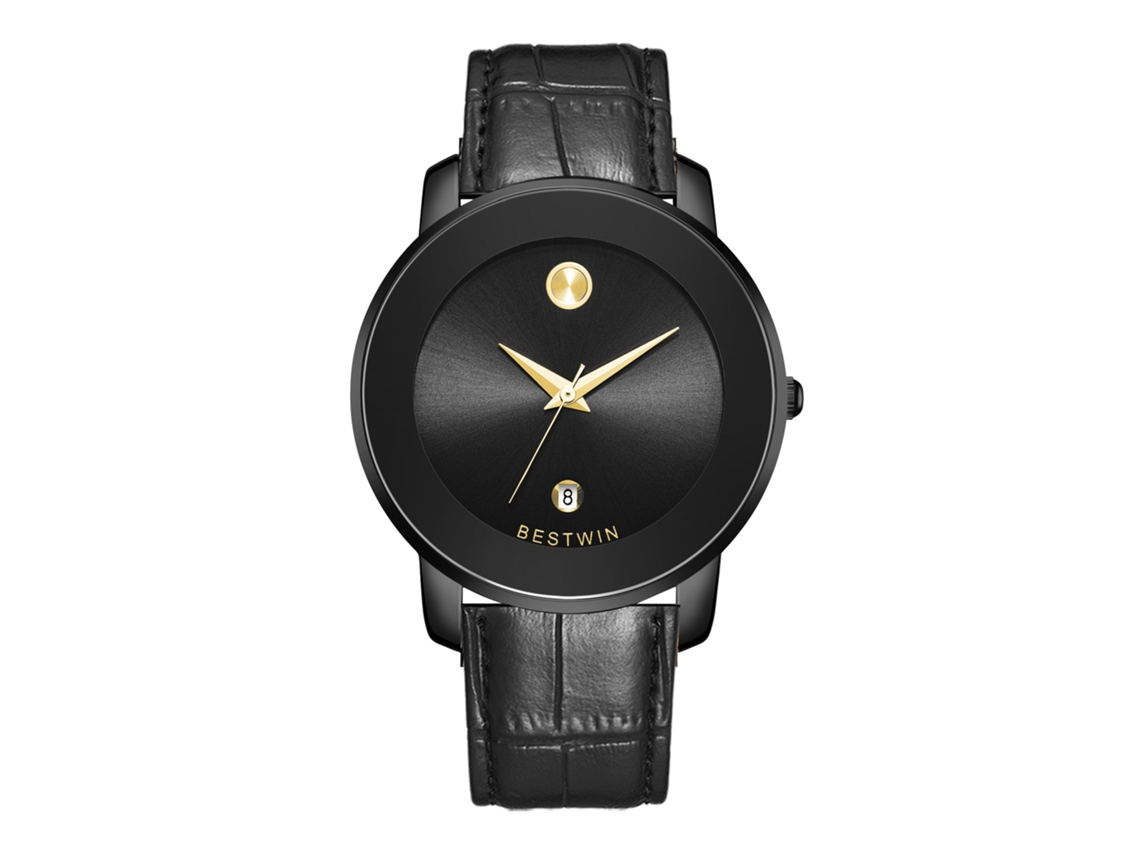 Relógio de Quartzo Masculino MDUG com pulseira de couro preto e ponteiros dourados