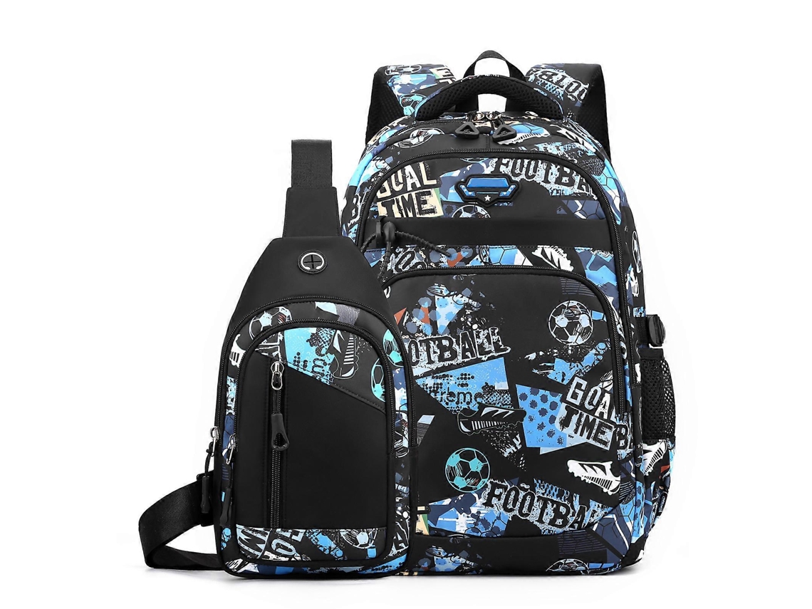 Mochila Escolar Estampada Para Meninos, Estudantes E Adultos, Ideal Para Viagens, Com Alça Transversal, Na Cor Azul E Com Estampa De Futebol.