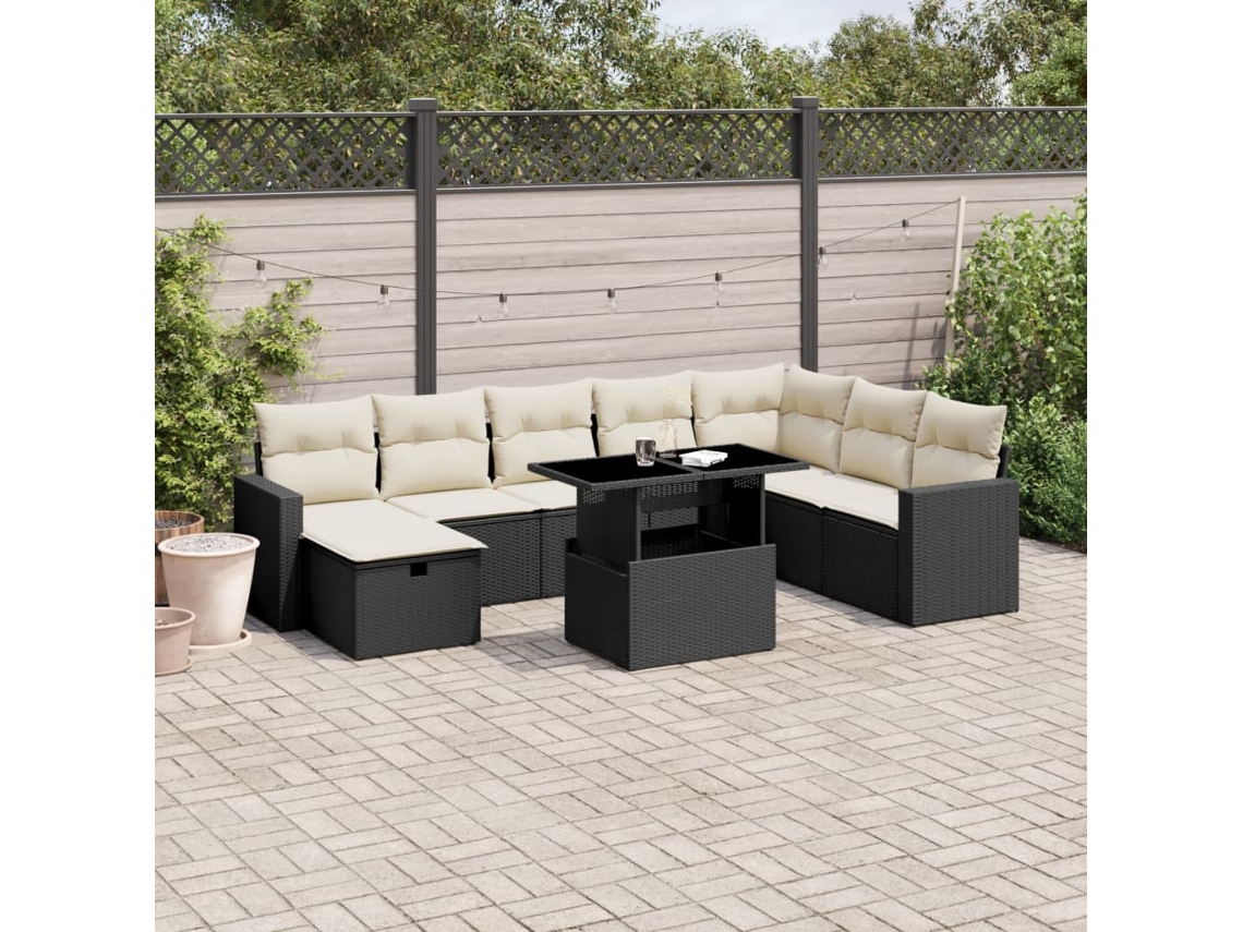 Vidaxl 9 Pcs Conjunto De Sofás P/ Jardim C/ Almofadões Vime Pe Preto