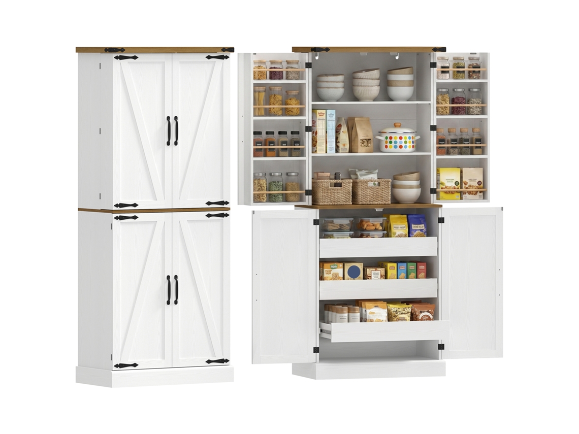 Buffet Alto 4 Portas, 3 Gavetas, 8 Porta-racks, Prateleiras Ajust., 76x40x182 Cm, Branco