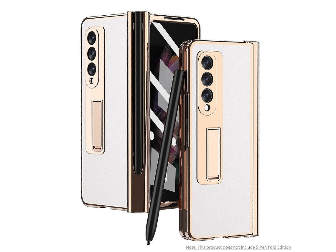 Capa Para Samsung Galaxy Z Fold3 5g Com Dobradiça Eletroplaqueada, Compartimento Para Caneta E Acabamento Em Lichia.