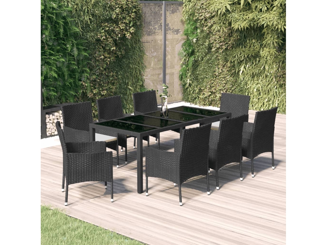 Conjunto 9 Peças Jantar P/ Jardim C/ Almofadões Vime Pe Preto Dkd Home Decor