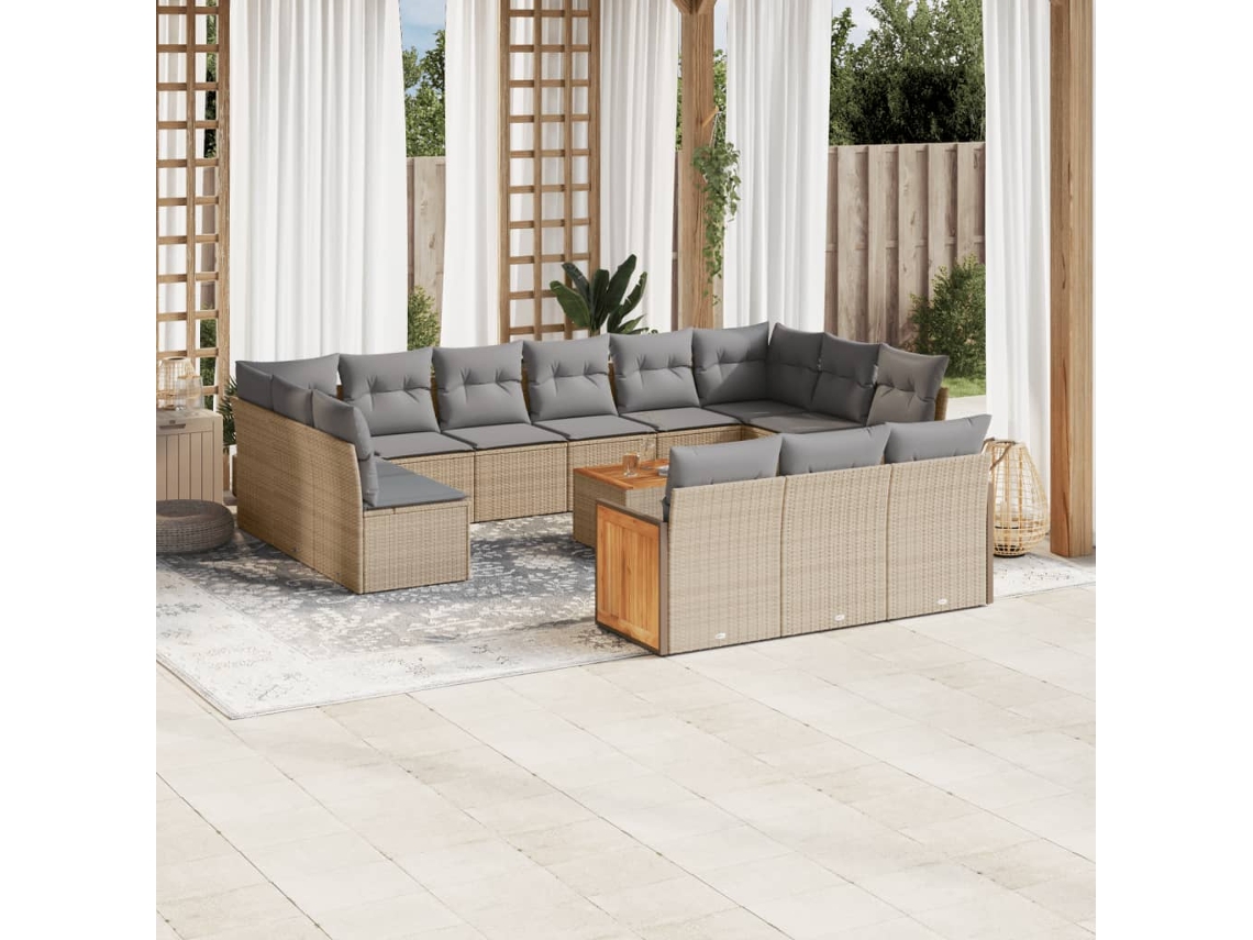 14 Pcs Conjunto De Sofás P/ Jardim Com Almofadões Vime Pe Bege Dkd Home Decor