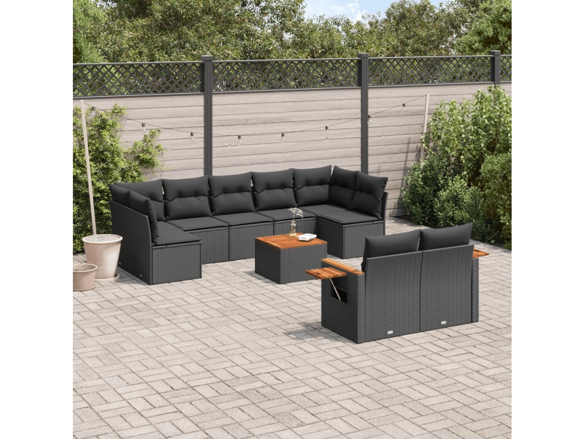 Vidaxl 10 Pcs Conjunto Sofás De Jardim C/ Almofadões Vime Pe Preto