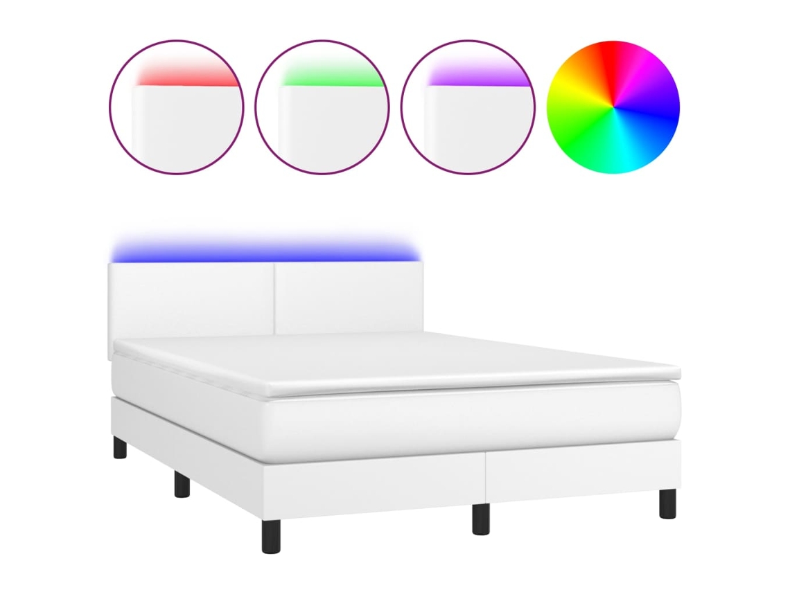 Cama Box Spring com Colchão e Led Couro Artificial Branco MAISON EXCLUSIVE (140x200 cm)