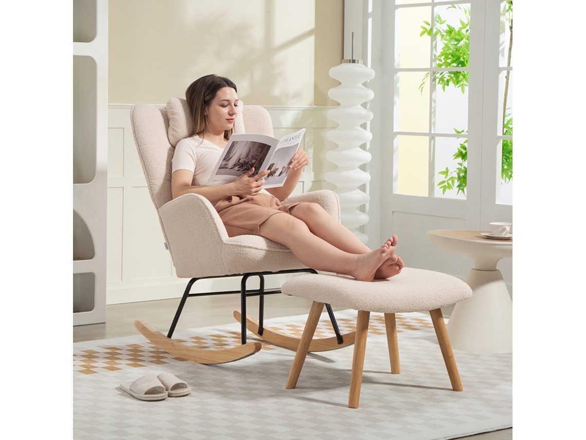Cadeira Balouço Com Pufe Para Os Pés, Revestimento Em Fleece Macio, Pés De Madeira, Almofada, Encosto Alto, Poltrona Balouço, Bege