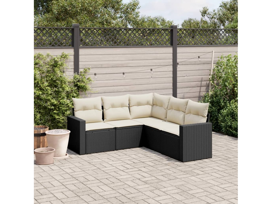 Conjunto de 5 Sofás de Jardim com Almofadas Vime Pe Preto Dkd Home Decor