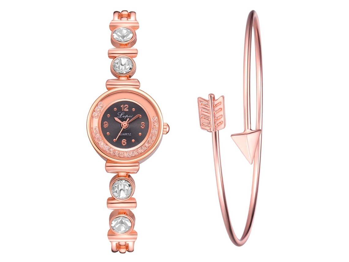 Relógio Analógico Feminino Slim com Pulseira de Liga e Strass Rosa Dourado+preto