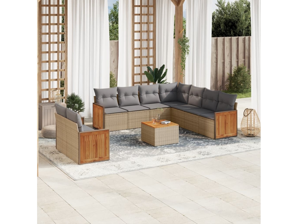 Vidaxl 10 Pcs Conjunto De Sofás P/ Jardim Com Almofadões Vime Pe Bege