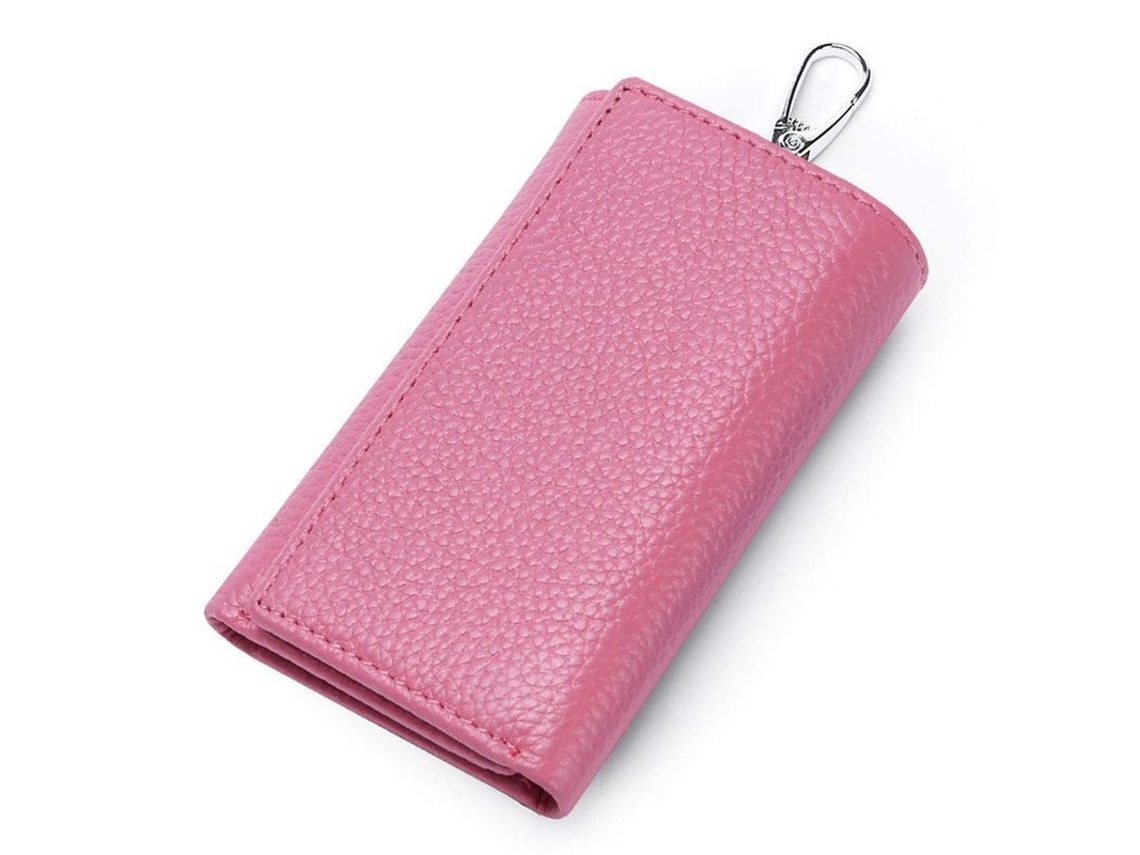 2026 porta chaves com 6 Ganchos e Fecho de Broche, Couro de Vaca de Qualidade, Rosa, 11cm X 7cm X 3cm
