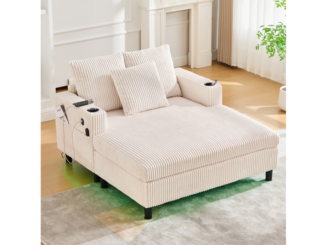 Poltrona Chaise Longue Grande - Macia Com Porta-copos Laterais, Portas Usb, Iluminação Led Integrada - Bege