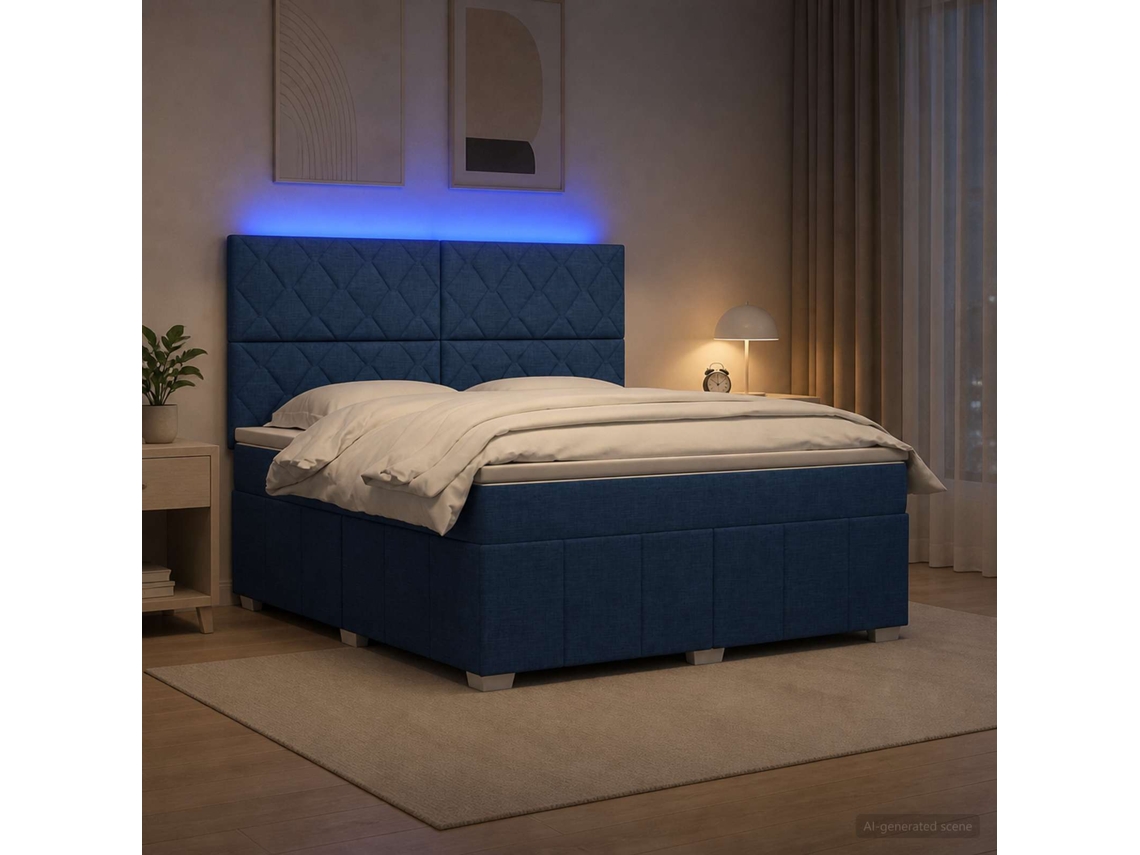 Vidaxl Cama Box Com Led E Colchão Azul 140 X 200 Cm Tecido