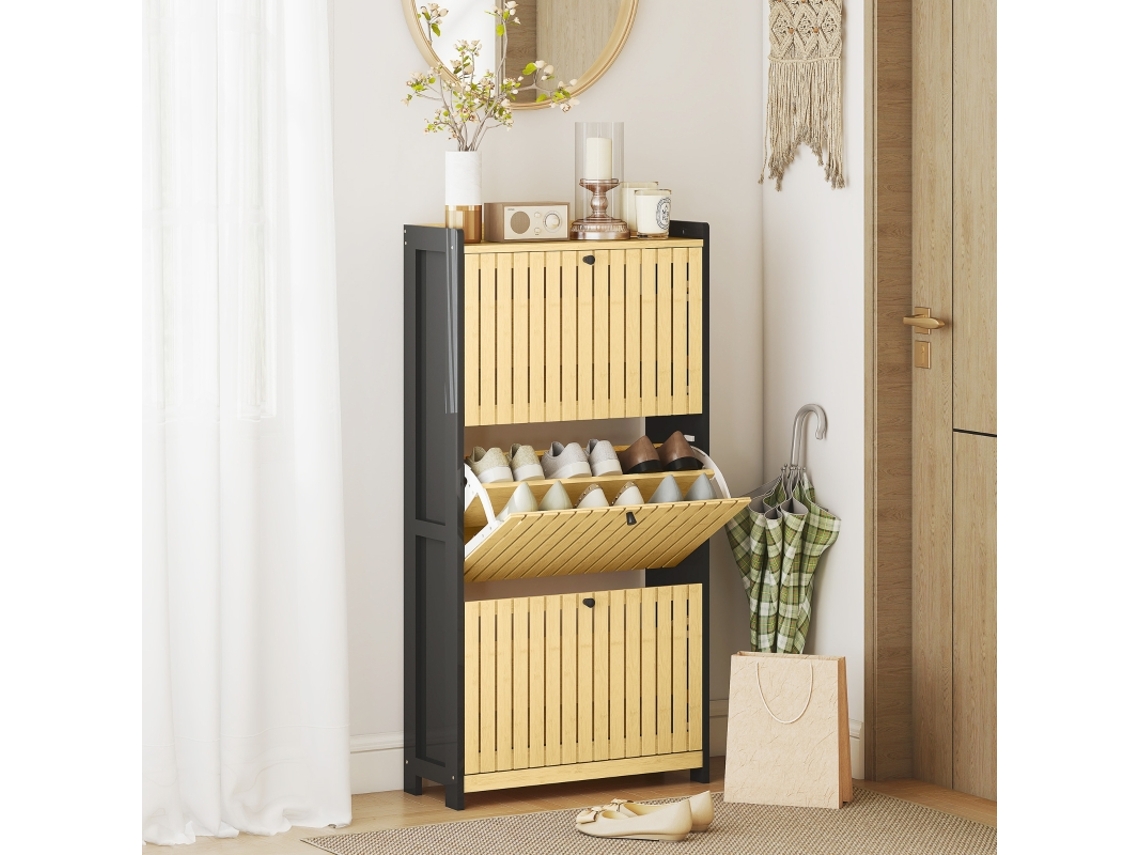 Sapateira para 18 pares com 3 gavetas basculantes, portas de bambu com ripas, 60x24x118 cm, marrom e madeira natural.