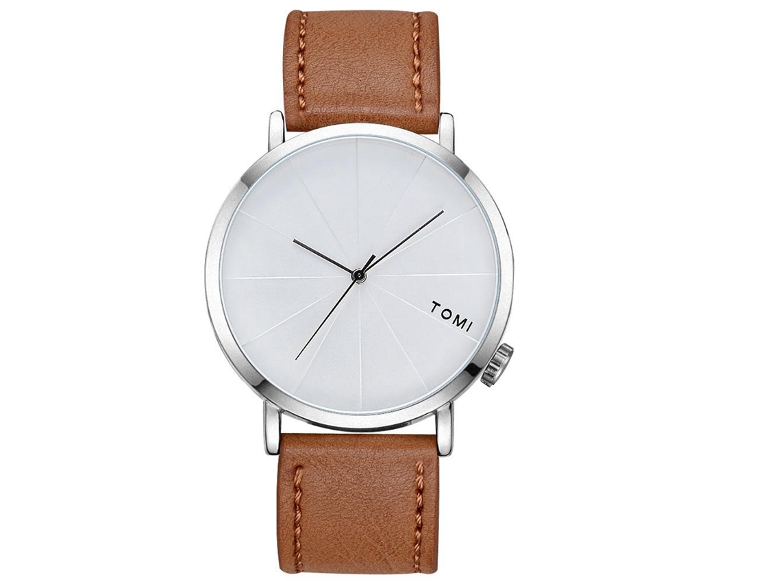 Reloj De Cuarzo Para Hombres Tomi Con Correa De Pu Dial Redondo Marrón Oscuro Plata